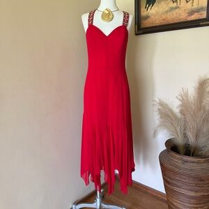 Red Sleeveless Handkerchief Hem Silk MIDI Dress